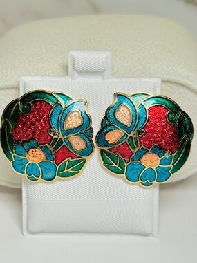 Vintage Classic Cloisonné Butterfly and Floral Enameled Gold Tone Stud Earrings.